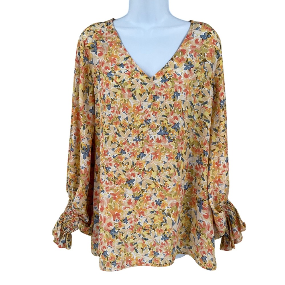 Vince Camuto Blouse Women XL Multicolor Floral Smocked Cuff V-Neck Boho Top